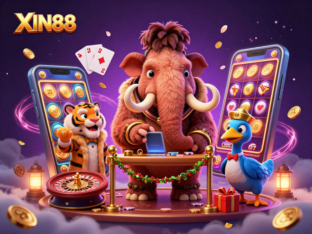 XIN88 brings excitement with a 3D cartoon bouncer, a saber-tooth guest, and a dodo doorman in a vibrant casino scene.