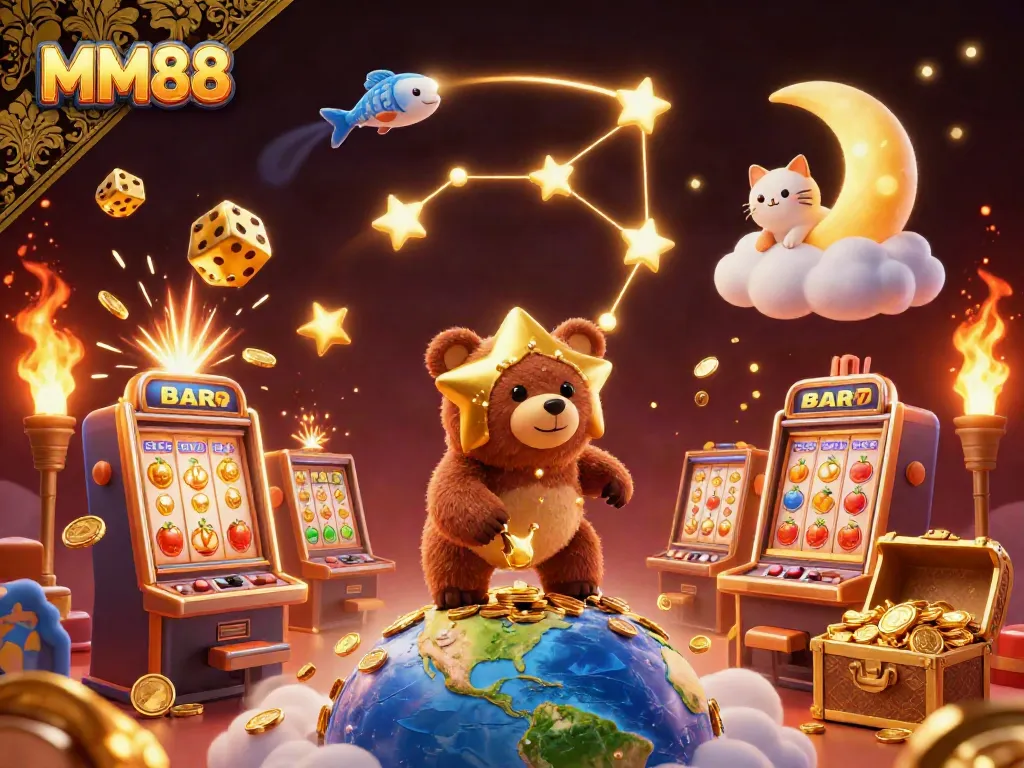 Experience thrilling wins with MM88 in a dynamic casino-themed illustration featuring golden stars, coins, and vibrant games.
