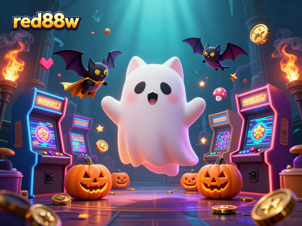 Play slots at red88w with glowing characters in a dynamic haunted casino scene.