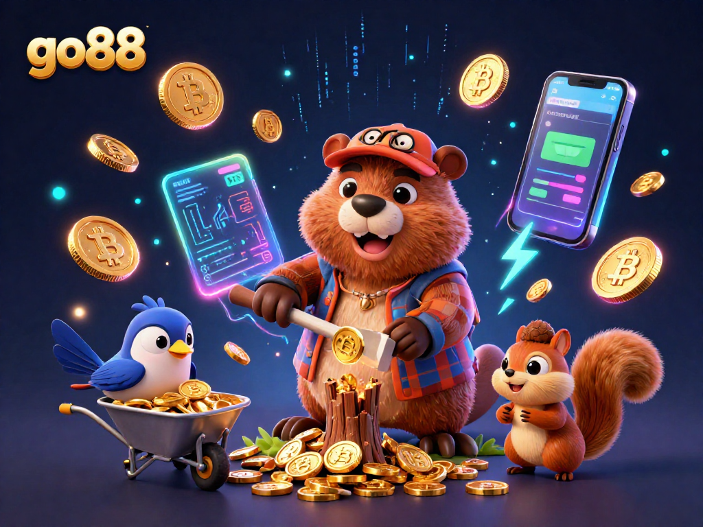 Experience go88 excitement with a vibrant scene of a beaver, bird, and squirrel celebrating winnings amidst glowing crypto coins.