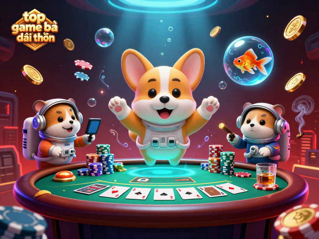 Experience the excitement of top game bài đổi thưởng with colorful poker chips drifting around cartoon characters.