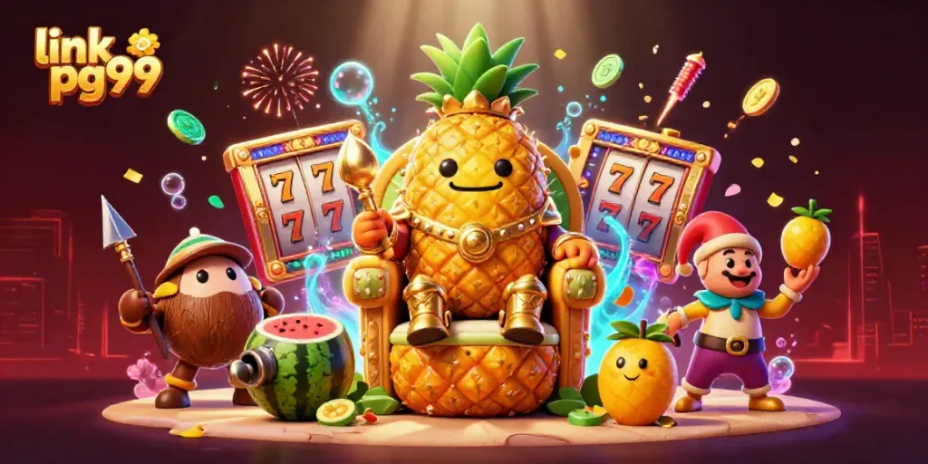 Engage with the thrilling atmosphere of link pg99 featuring a dynamic casino scene with the pineapple king and vibrant game elements.