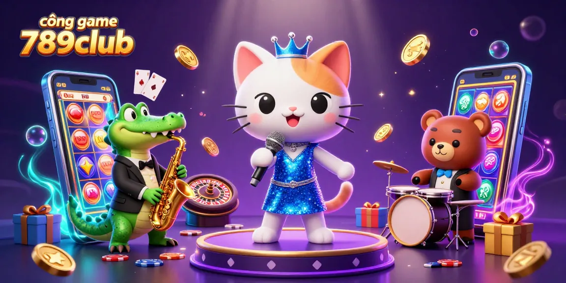 Capture the excitement at cổng game 789club with a vibrant 3D illustration of lively casino characters and games.