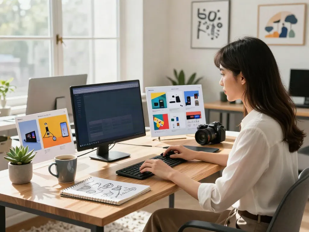 Retail e-commerce workspace featuring a professional reviewing product designs on a laptop, illustrating https://go889.de.com/.