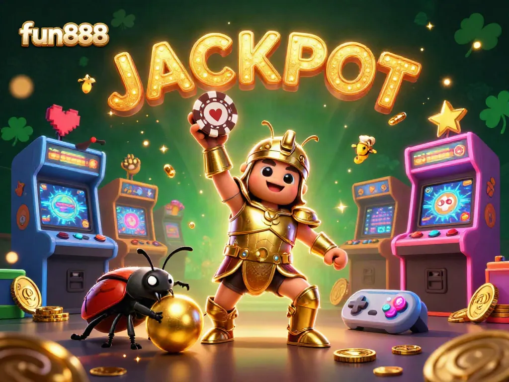 Experience the excitement of fun888 with a dynamic illustration of victorious characters in a casino atmosphere.