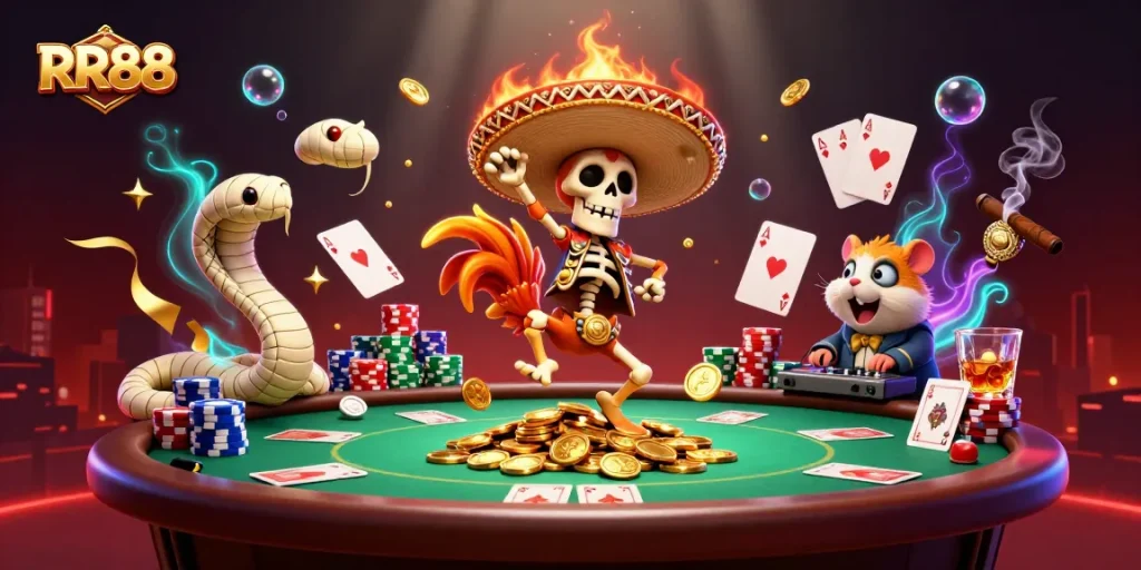 Celebrate RR88's vibrant gaming scene with a lively mariachi rooster and casino elements.