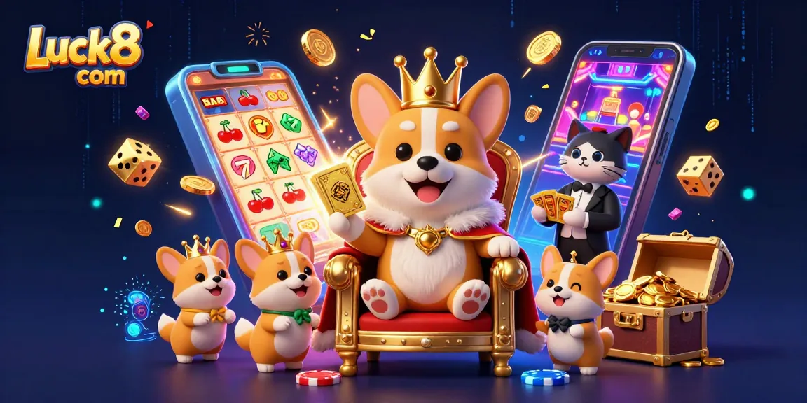 Experience the thrill of Luck8 com with a royal corgi, an interactive casino scene full of gaming excitement.