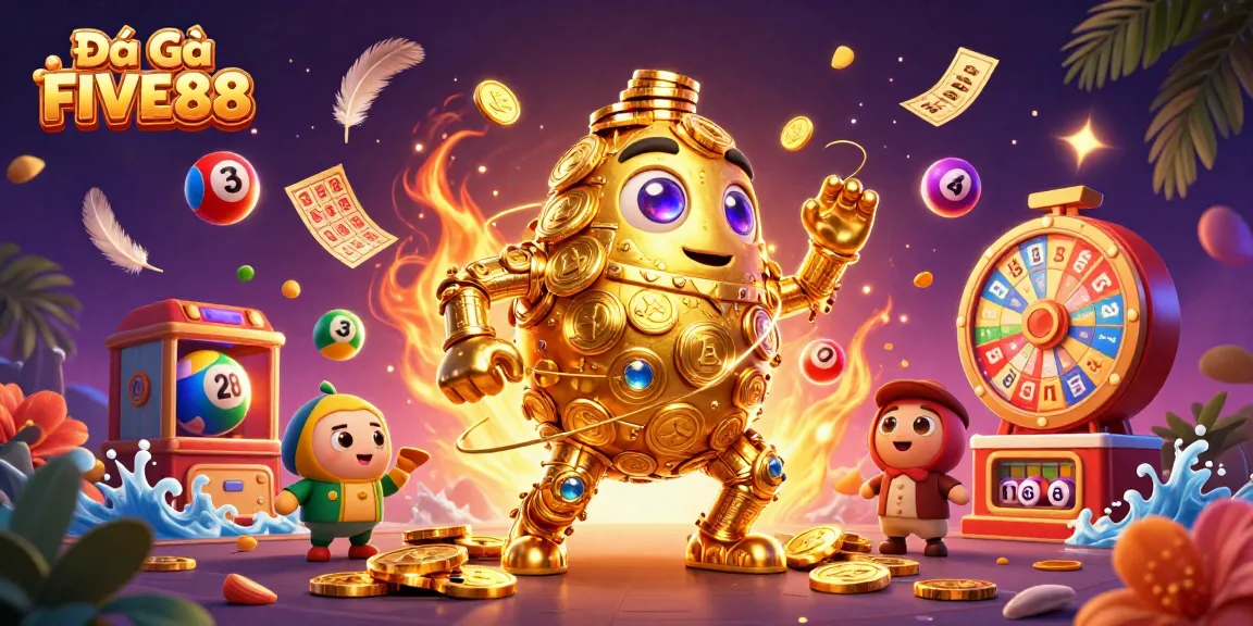 Engage in intense Đá Gà FIVE88 action with dynamic visuals, a golden golem, and lively casino elements.