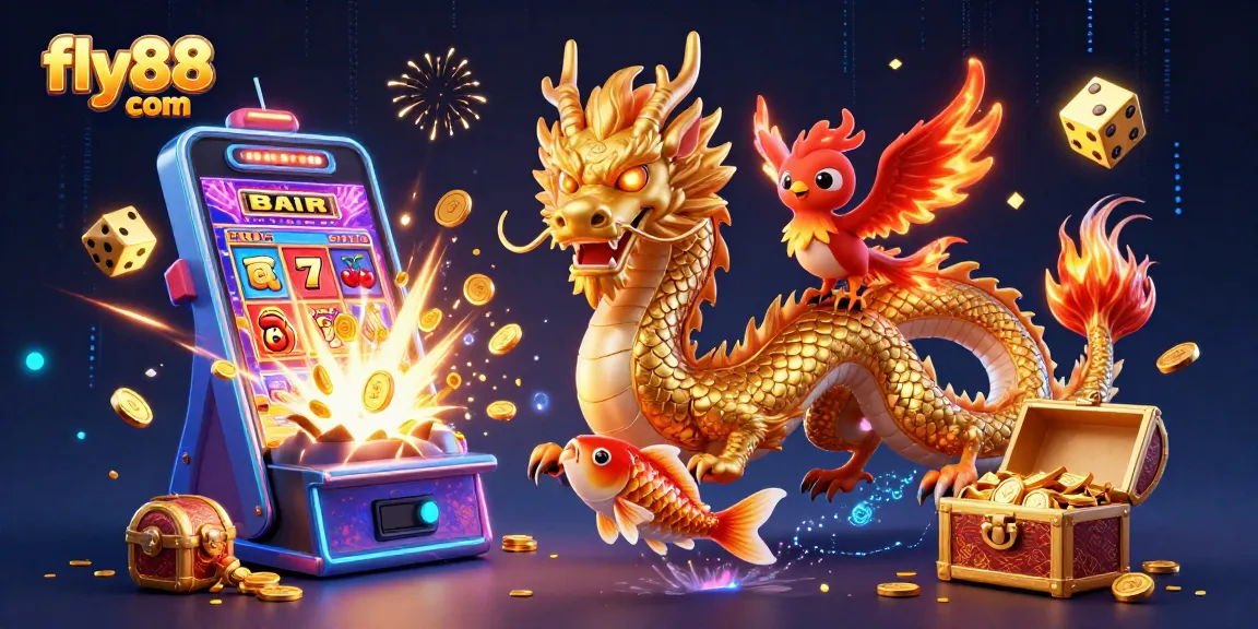 Engage with fly88 com's thrilling slot games featuring a fierce dragon and vibrant casino elements.