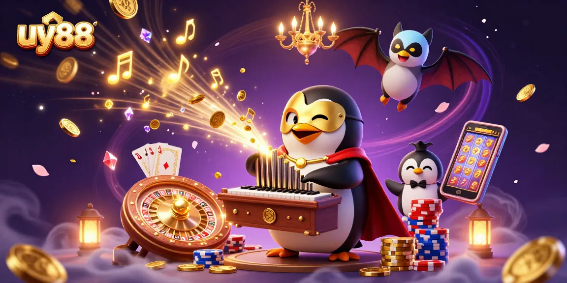 Experience the excitement of uy88 with golden coins and lively games in a dynamic 3D illustration.