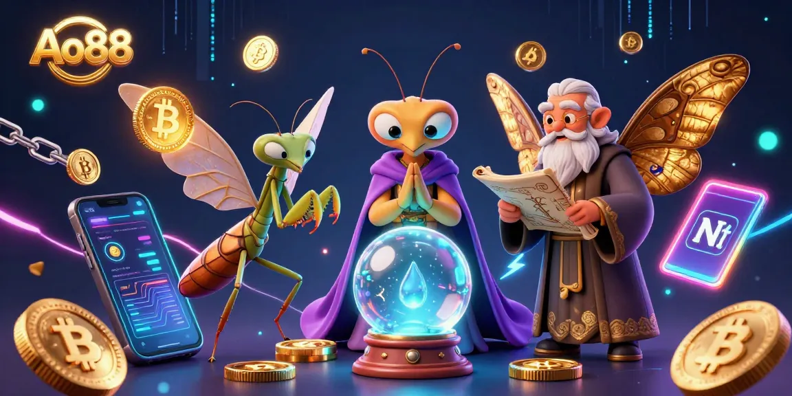 Ao88 showcases dynamic 3D fortune teller and ancient librarian amid crypto casino elements.
