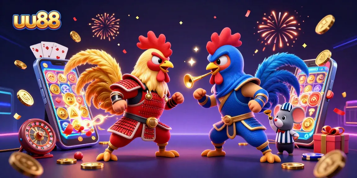 Engage in the thrilling standoff of fighting roosters at uu88, showcasing an energetic casino atmosphere full of excitement.