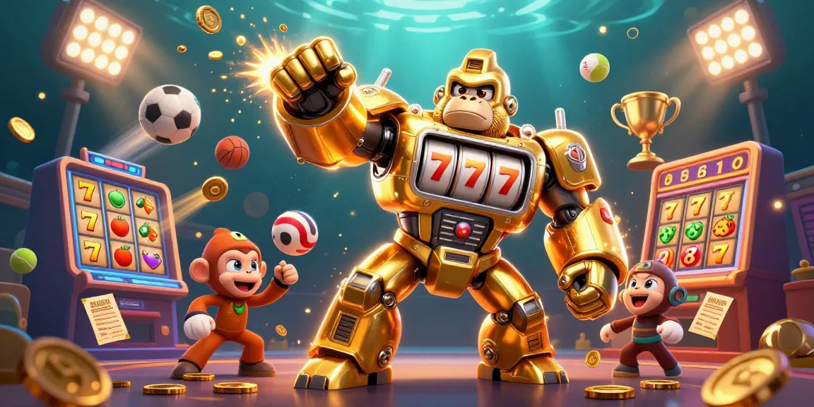 Experience hit-club's thrilling 3D gaming action with golden gorilla mech and vibrant casino elements.