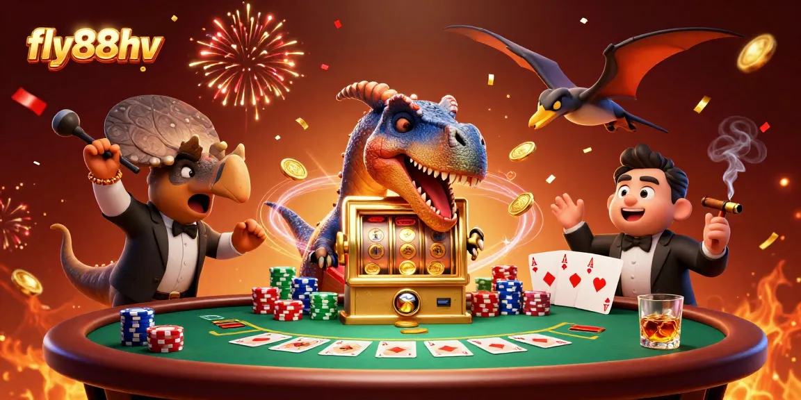 Win big with fly88hv as a cartoon dinosaur interacts with a golden slot machine amidst a vibrant casino atmosphere.