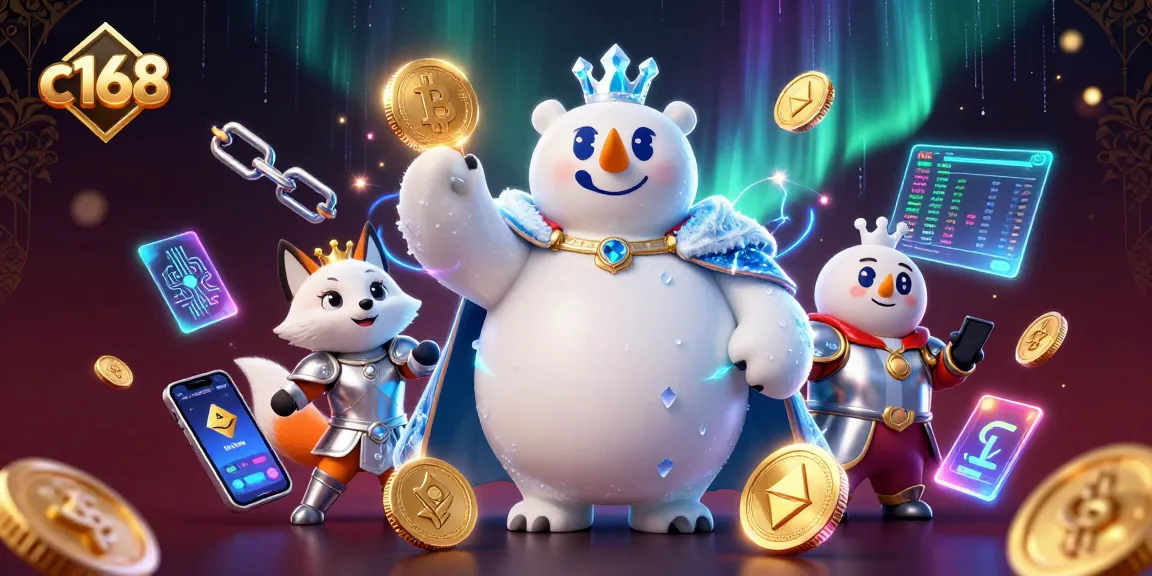 Engage with c168's vibrant 3D casino experience showcasing an ice king and snow fox among crypto displays.
