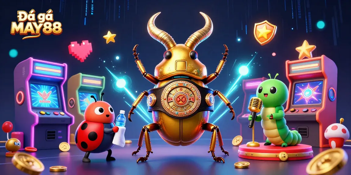 Experience the thrill of Đá gà MAY88 with a golden stag beetle champion and dynamic gaming elements.