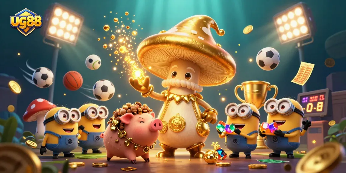 Experience the magic of ug88 with an enchanting golden wizard and treasure-hunting pig in this lively casino scene.