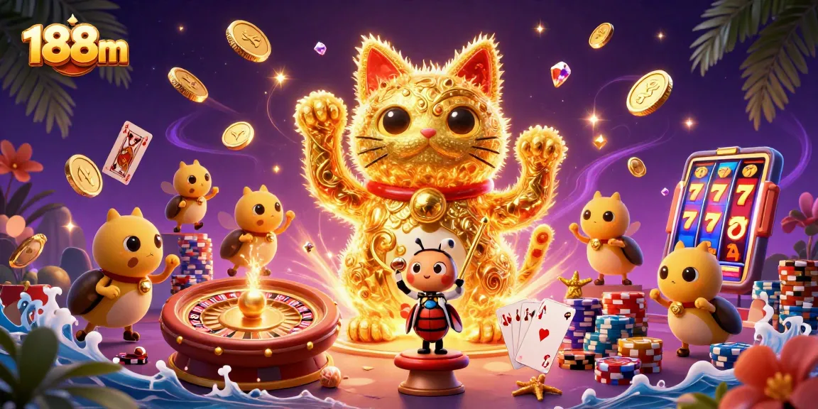 Experience the excitement of 188m with a vibrant scene showcasing gambling elements and a lucky cat.