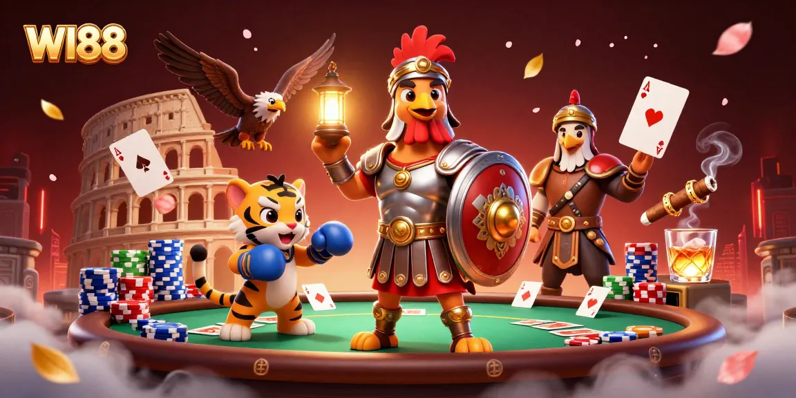 Experience thrilling action at WI88 with a cartoon gladiator rooster in a vivid 3D casino scene.