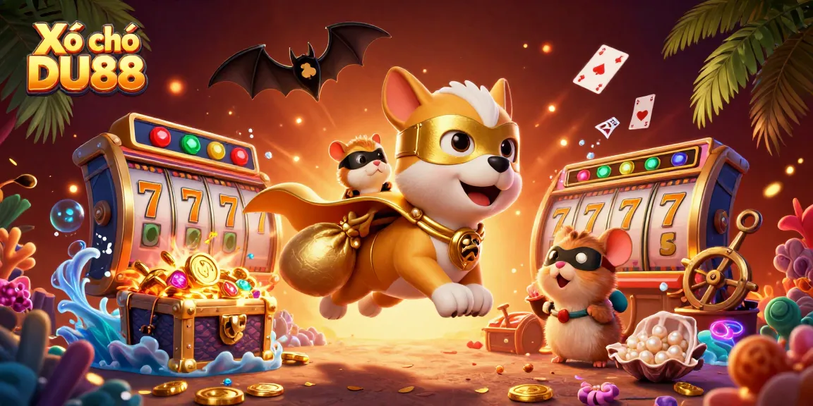 Xổ số DU88 offers exciting lottery gameplay with a superhero dog and gold coins in a vibrant casino scene.