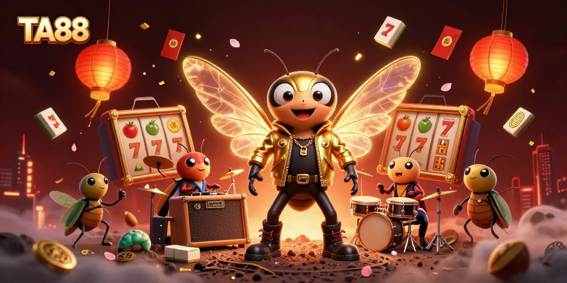 TA88 casino scene with a cicada rock star and vibrant gambling elements showcasing excitement.