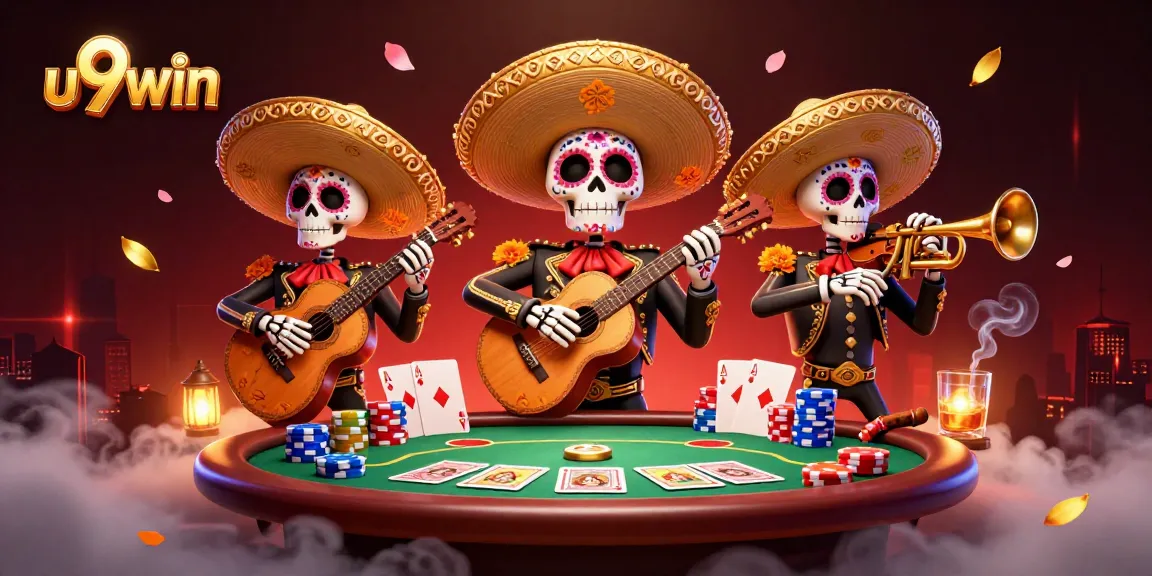 Engage in thrilling poker action at u9win with vibrant mariachi band and stacked chips.