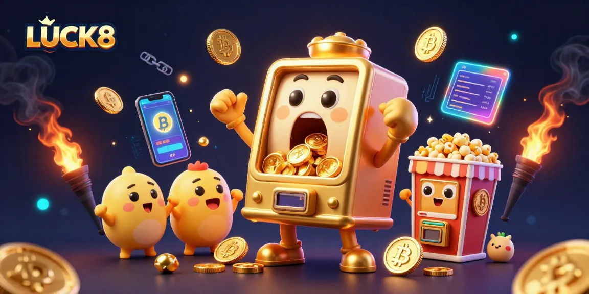 LUCK8 jackpot celebration scene with animated slot machines and cryptocurrency elements