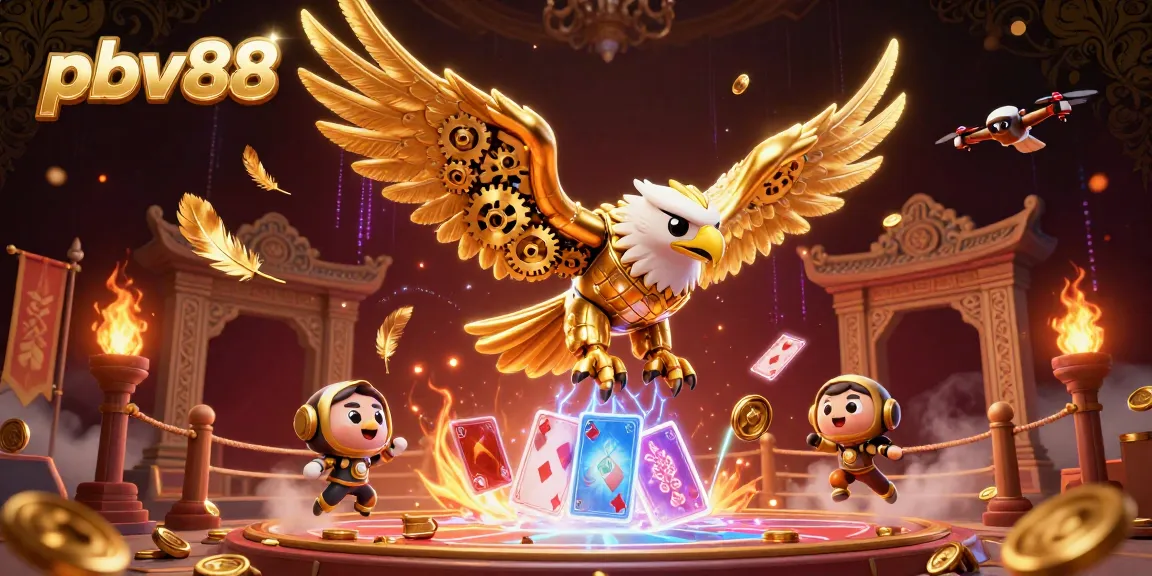 Experience thrilling pbv88 action with a cybernetic golden eagle diving through holographic cards in a vibrant casino scene.