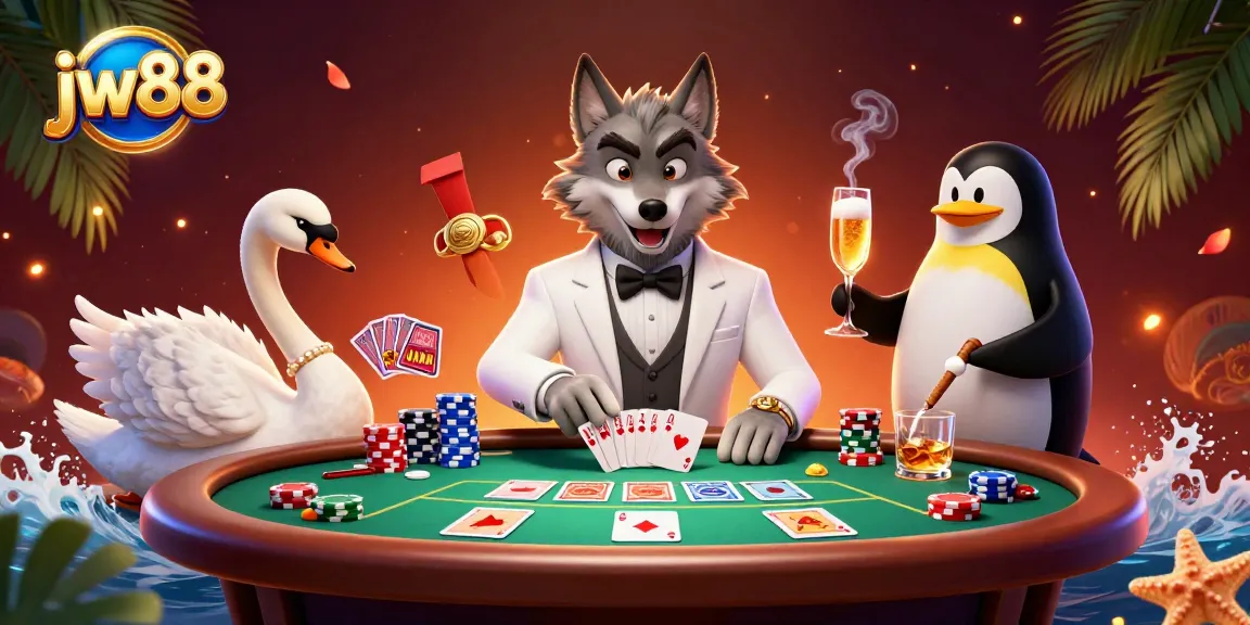 Place your bets at JW88 while enjoying a vibrant 3D casino scene featuring lively characters.