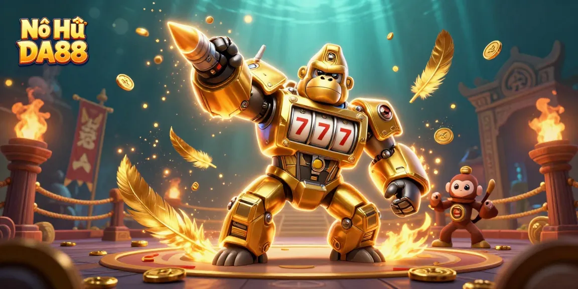 Nổ Hũ DA88 showcases a vibrant casino atmosphere with a golden mech and dynamic game elements.