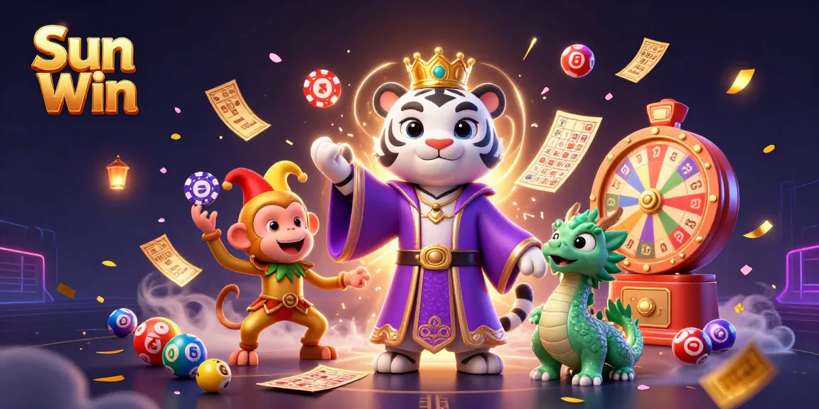 Engage with the thrilling Sun Win gaming scene featuring dazzling casino elements and lively characters.