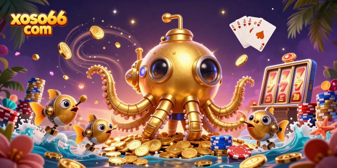 Experience the excitement of xoso66 com with a vibrant 3D casino scene filled with golden coins and gaming elements.