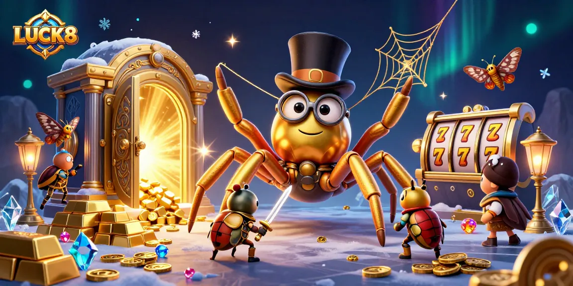 Engage in thrilling gameplay with LUCK8 showcasing a golden tarantula and beetle knight amidst a vibrant casino adventure.