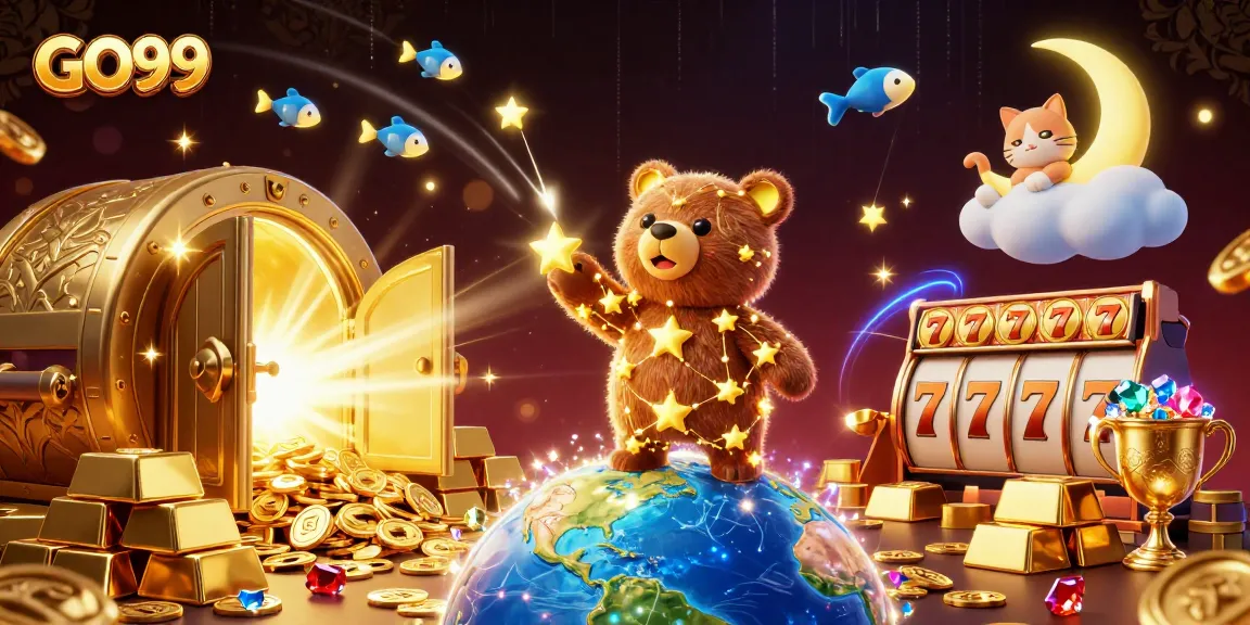 Experience the magic of GO99 with a vibrant casino playground featuring whimsical characters and treasures.