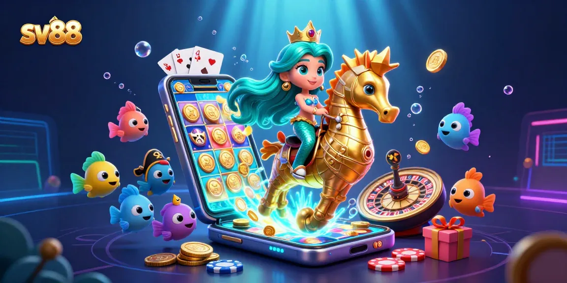 sv88 casino experience illustrated with a mermaid princess, golden seahorse, and dynamic slot game elements.