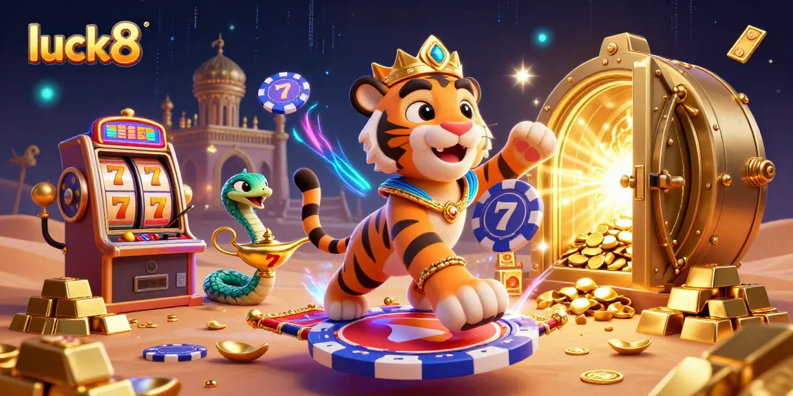 Experience unrivaled excitement at luck8 with a vibrant casino scene featuring iconic slots and treasures.