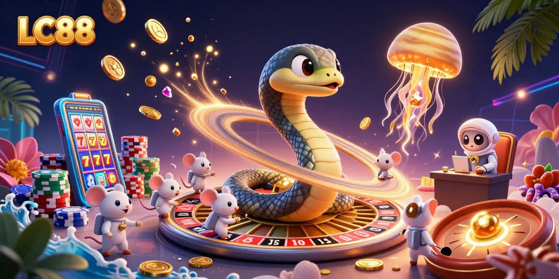 Visualize LC88 with a 3D Saturn ring snake as a roulette wheel and cosmic dealer in a vibrant casino scene.