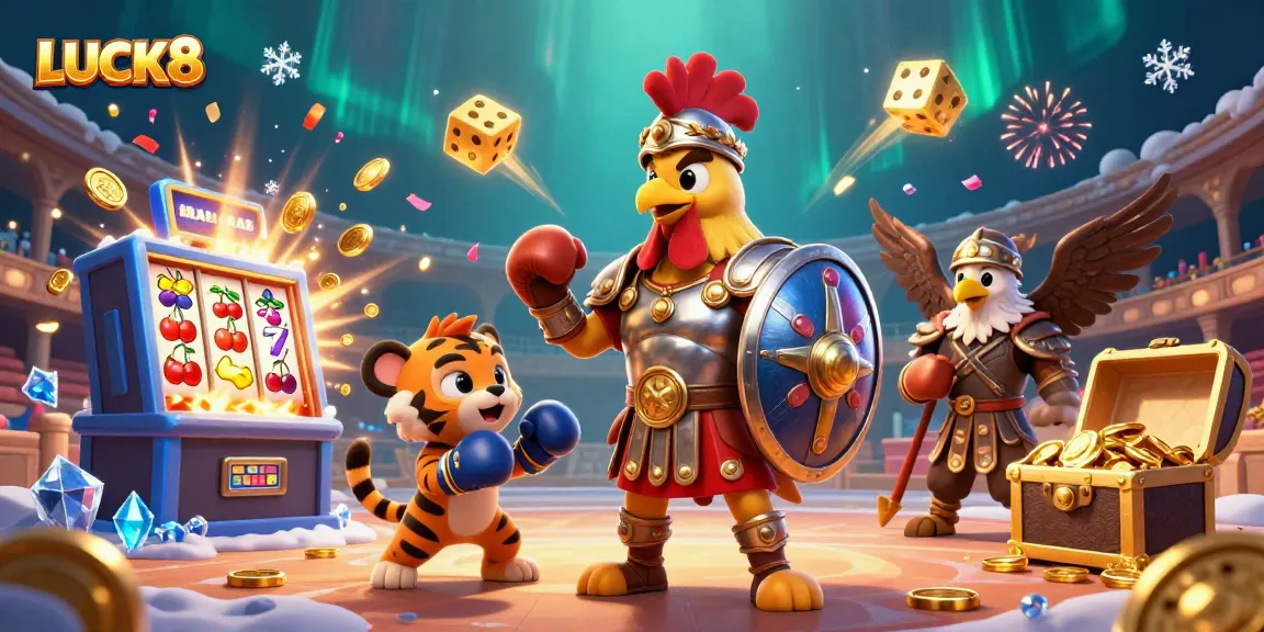 Experience electrifying wins with LUCK8 in an action-packed casino atmosphere featuring cartoon gladiators.
