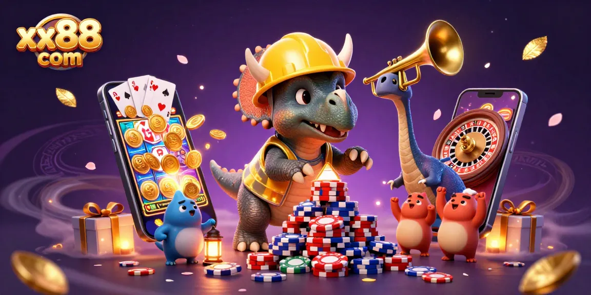 Celebrate wins with xx88 com's vibrant online gaming atmosphere featuring dynamic characters and casino elements.