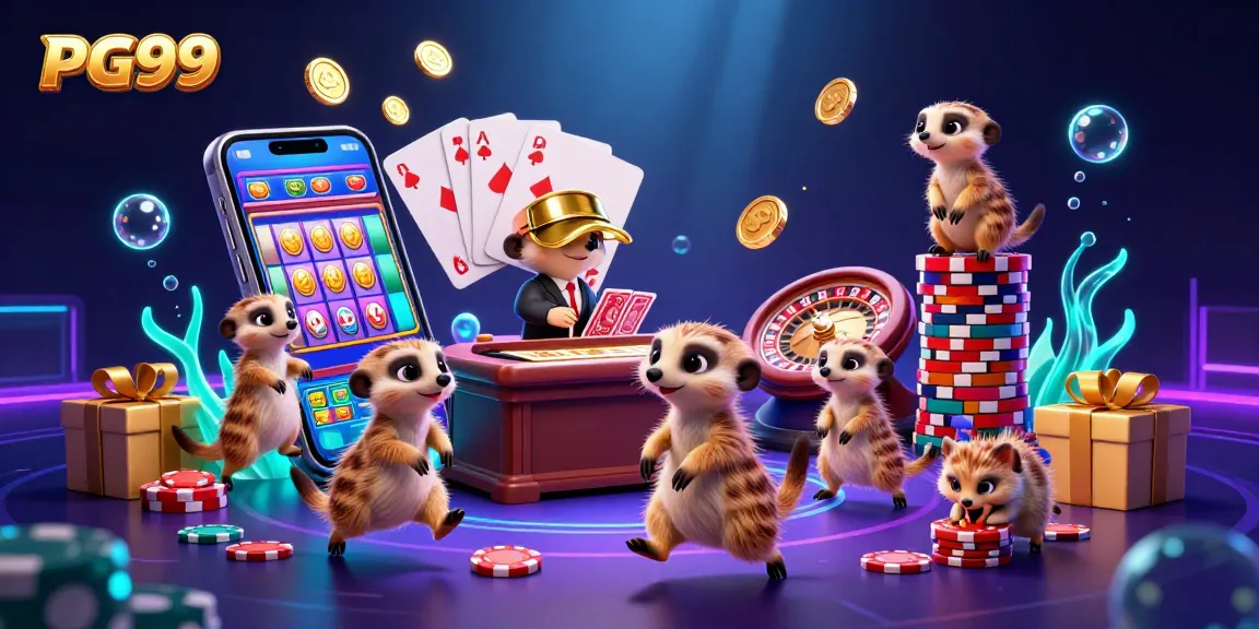 Experience the exhilarating world of PG99's casino with meerkats managing games and sneaking chips.