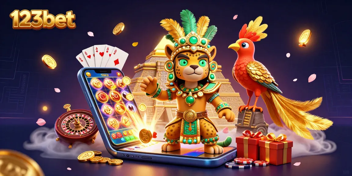 Experience thrilling gameplay with 123bet’s vibrant casino scene featuring a Mayan jaguar priest and slot action!