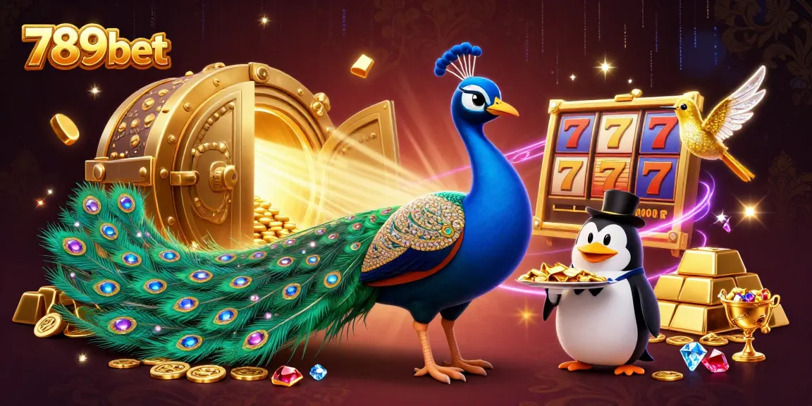 Play exciting casino games at 789bet with vibrant illustrations of a peacock and a penguin amid jackpots.