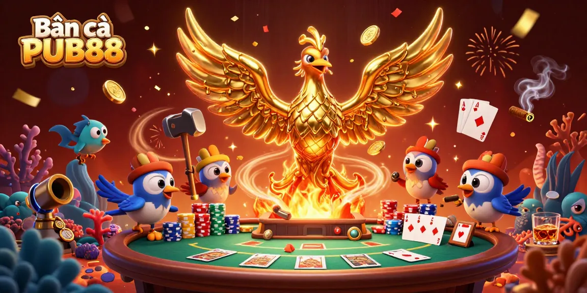 Bắn cá PUB88 offers immersive gaming experiences in a vibrant casino scene with gold dripping coins.