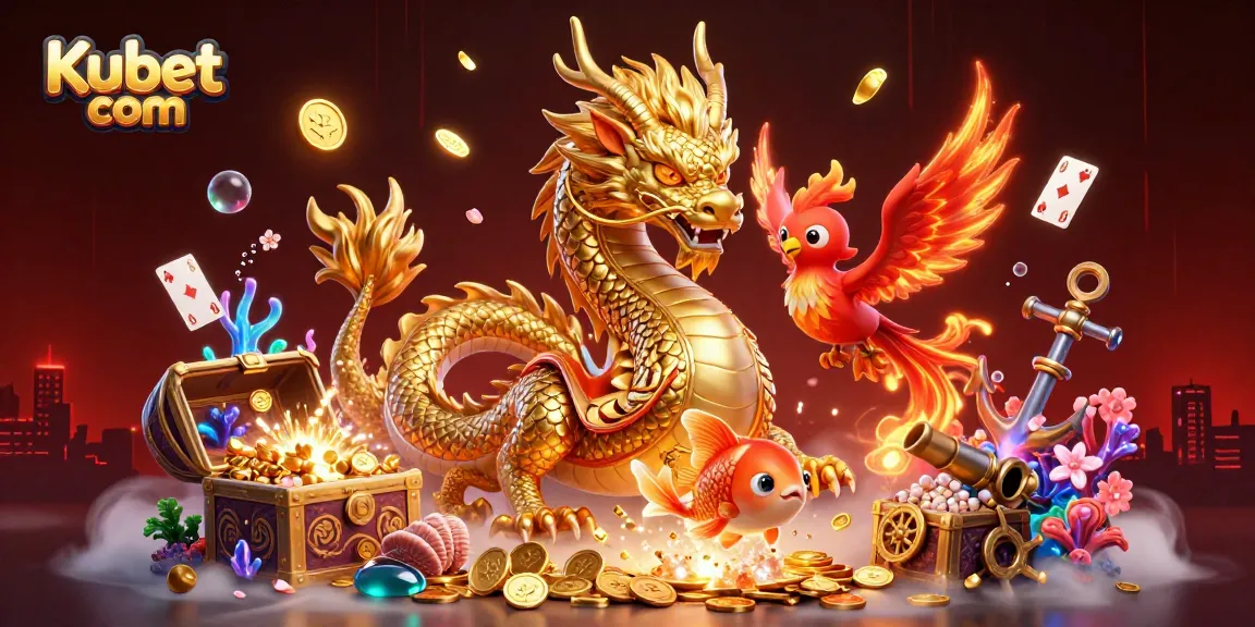 Engage with Kubet com through a vibrant 3D scene featuring a golden dragon, fiery phoenix, and koi fish amidst gaming treasures.