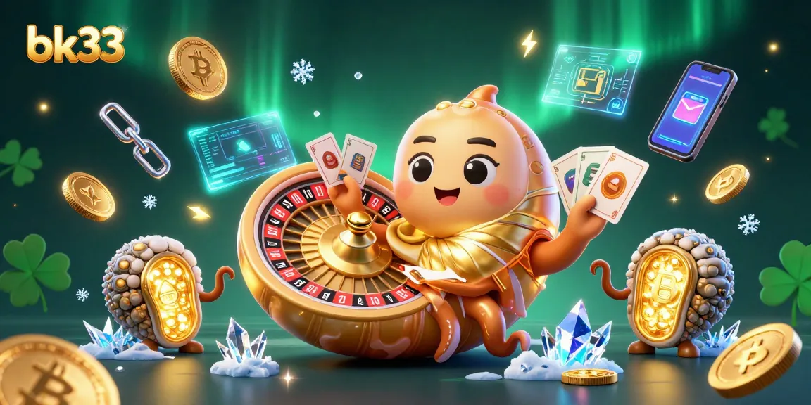 Experience thrilling games at bk33 with a vibrant scene featuring unique characters and crypto elements.