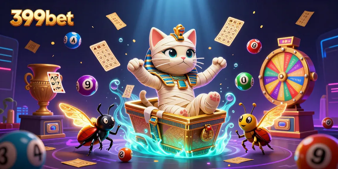 Experience 399bet's vibrant gaming adventures with a dynamic 3D illustration of lucky Egyptian motifs and lottery action.