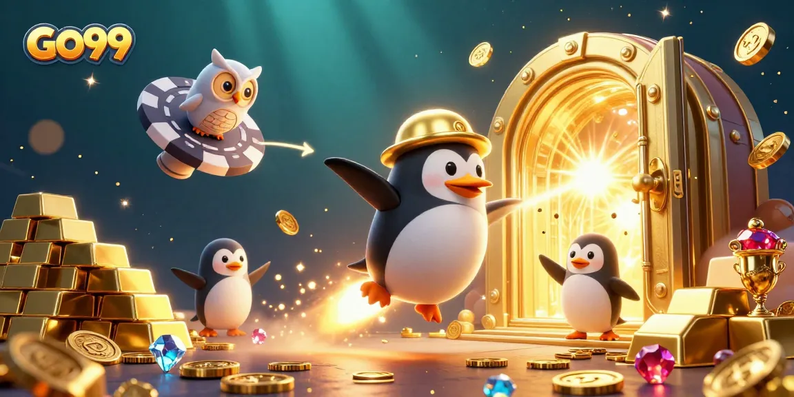 Experience the thrill of GO99 with a golden penguin venturing towards a casino, collecting riches.