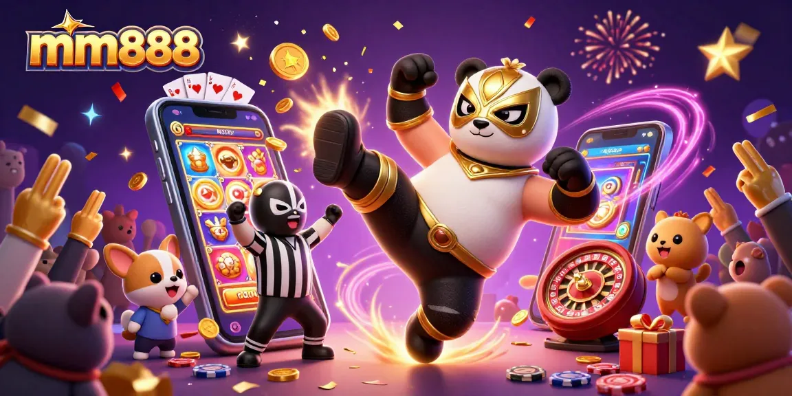 Bet on exciting mm888 games while a panda performs an acrobatic kick in a lively casino scene.