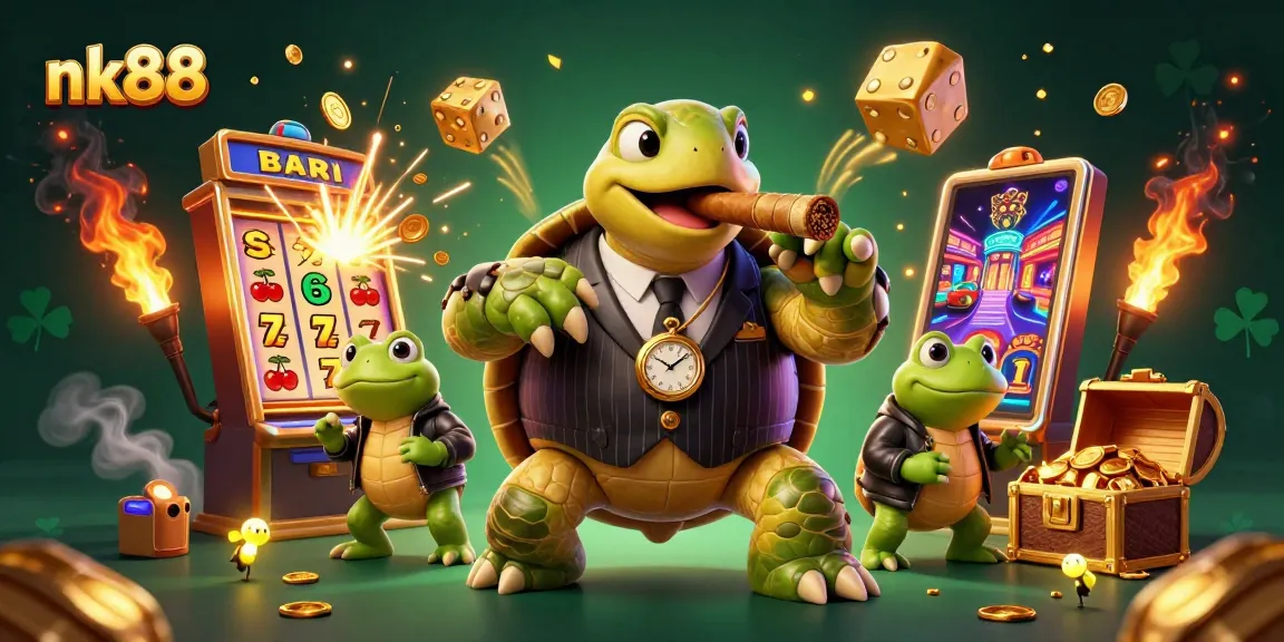 Experience the excitement of nk88 with a 3D cartoon scene featuring a turtle in a pinstripe suit and casino games.