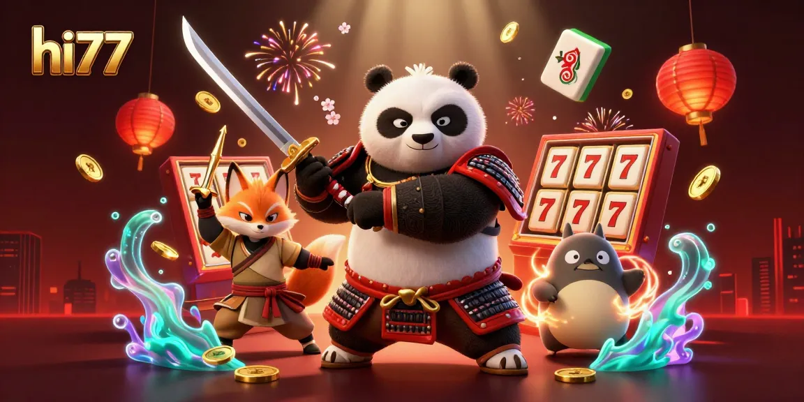 hi77 showcases a vibrant casino world with samurai panda and ninja fox in an energetic scene.